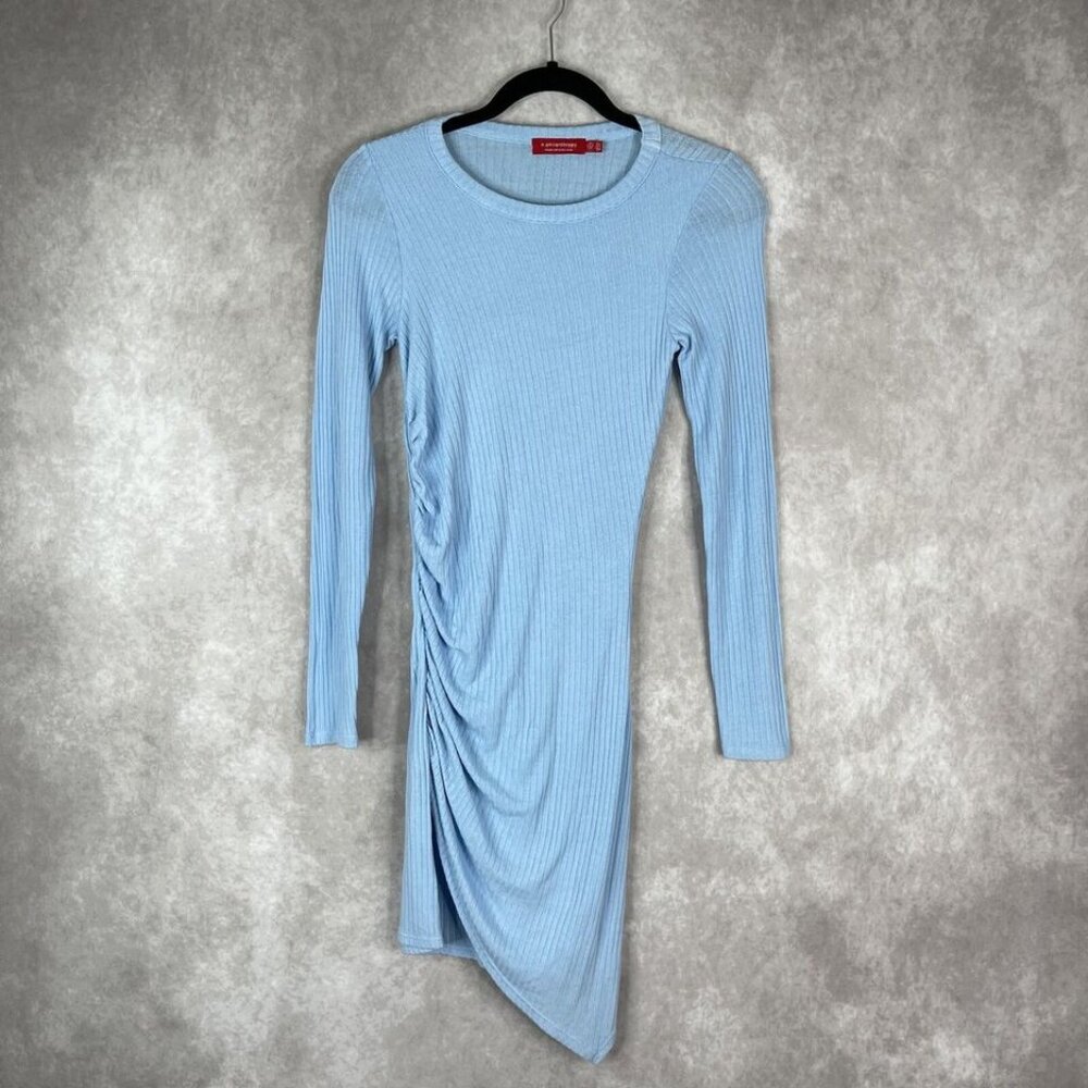 n:Philanthropy Light Blue‎ Ruched Metal Ribbed Mini Long Sleeve Dress Size S